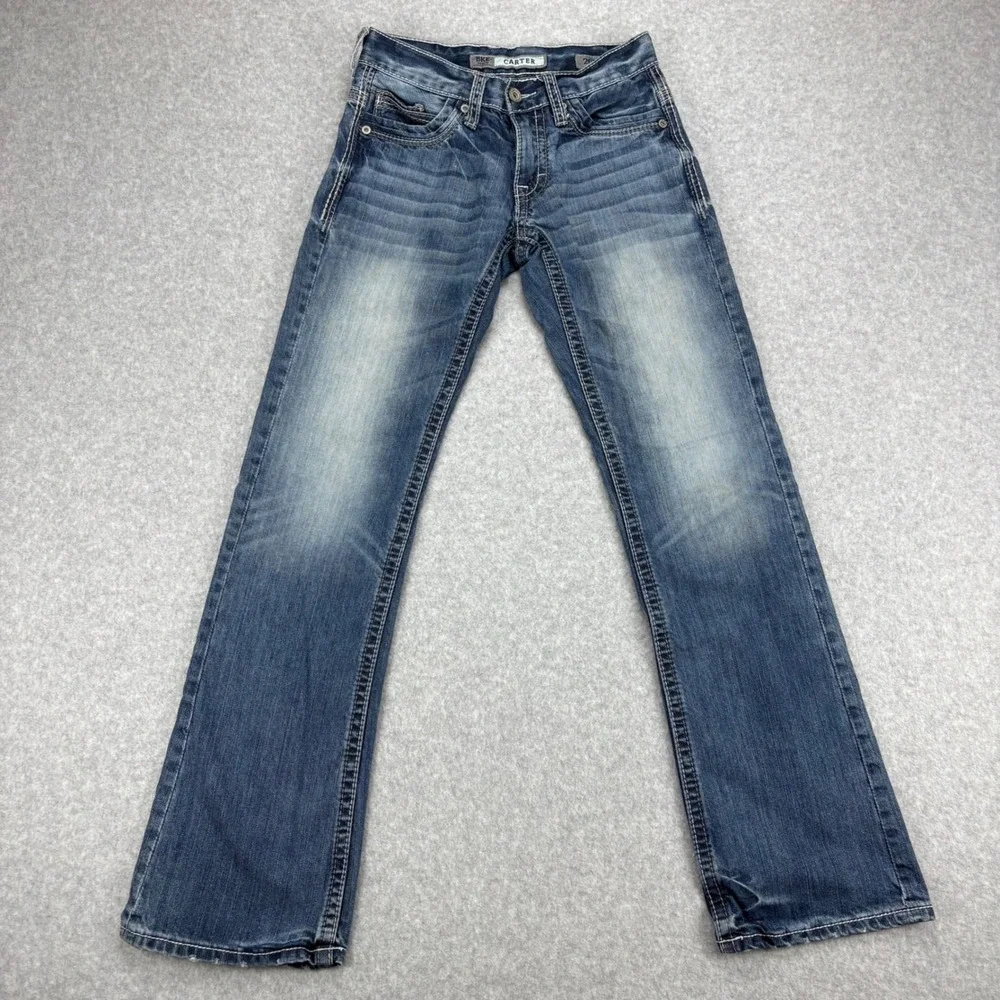 BKE Carter Jeans Mens 26R Blue Straight Distressed Denim Y2K Grunge Western Moto